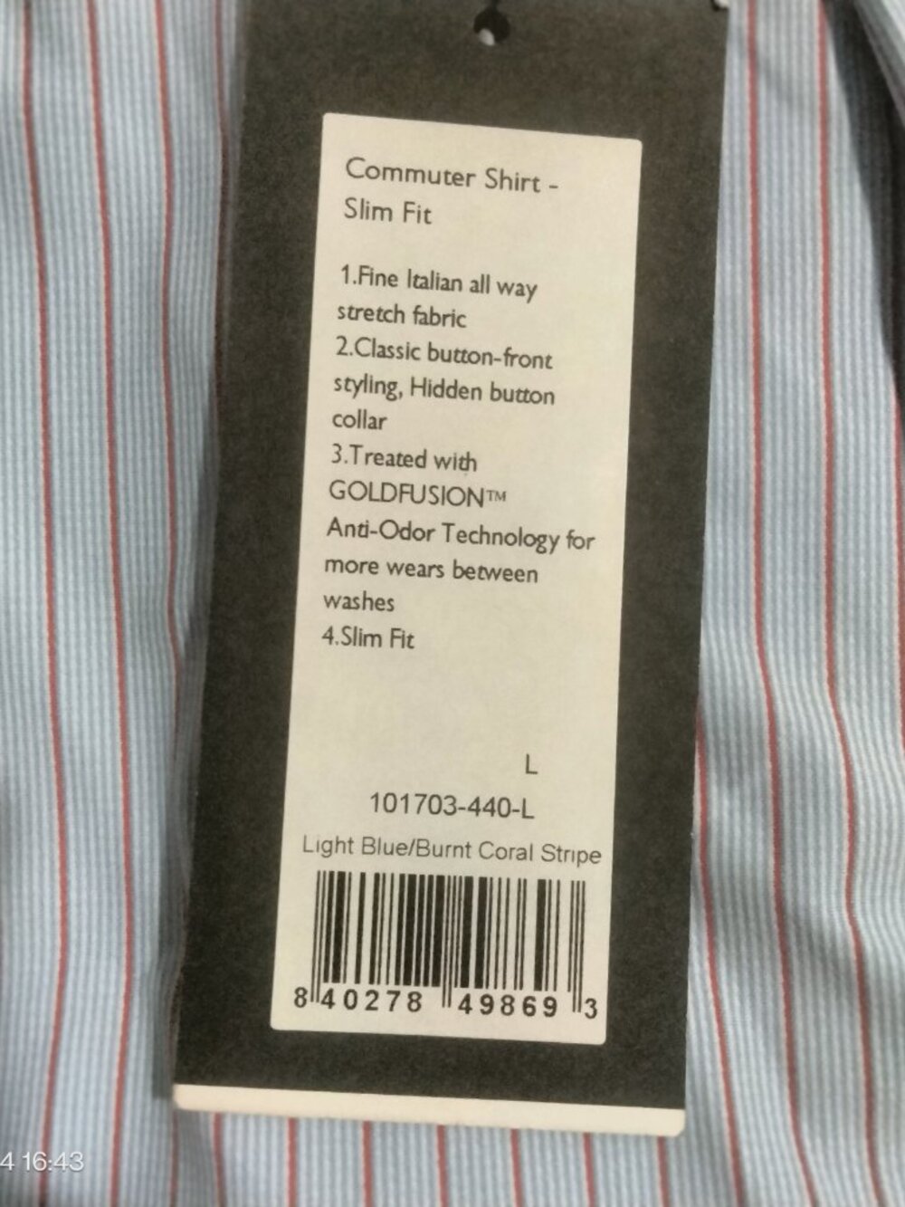 Rhone Commuter Button Shirt Slim Fit Mens L Blue Burnt Coral Stripe Performance - Picture 6 of 7